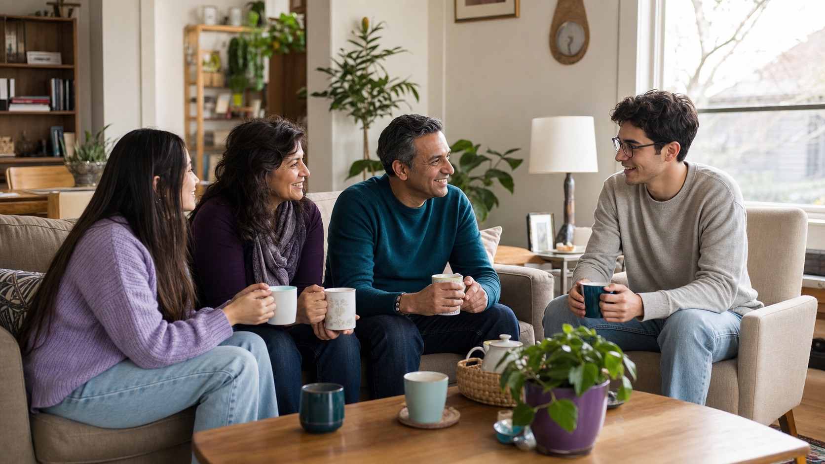 A welcoming host family and international students spending time together at home.